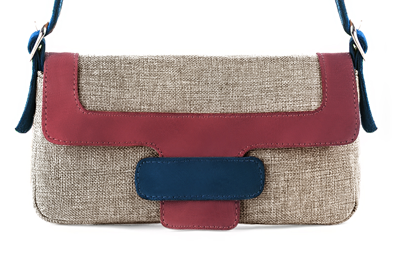 Natural beige, raspberry red and navy blue women's dress handbag, matching pumps and belts. Profile view - Florence KOOIJMAN